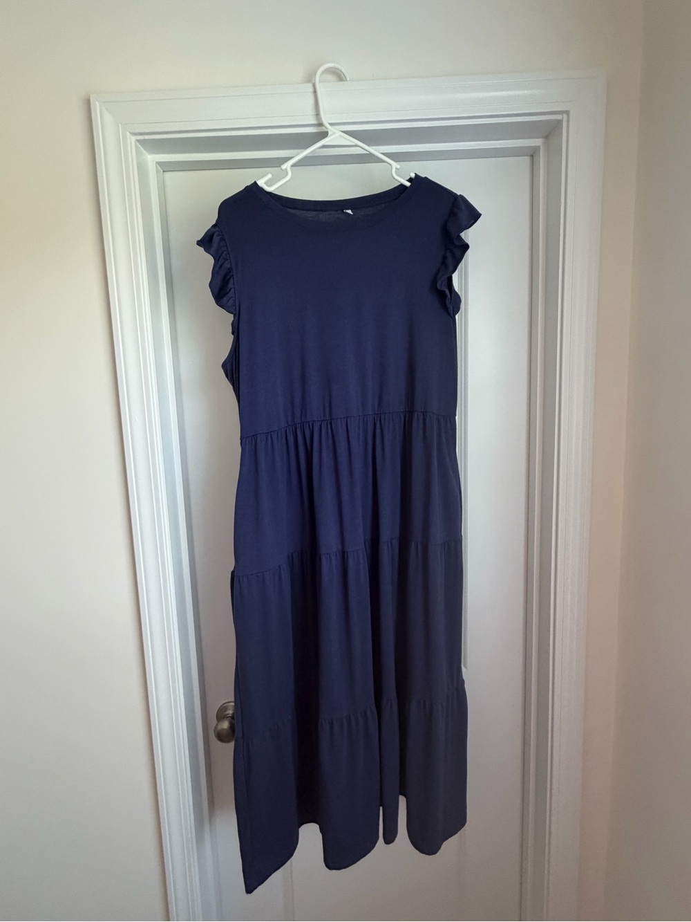 Women's Navy Ruffle Sleeve Tiered Maxi Dress